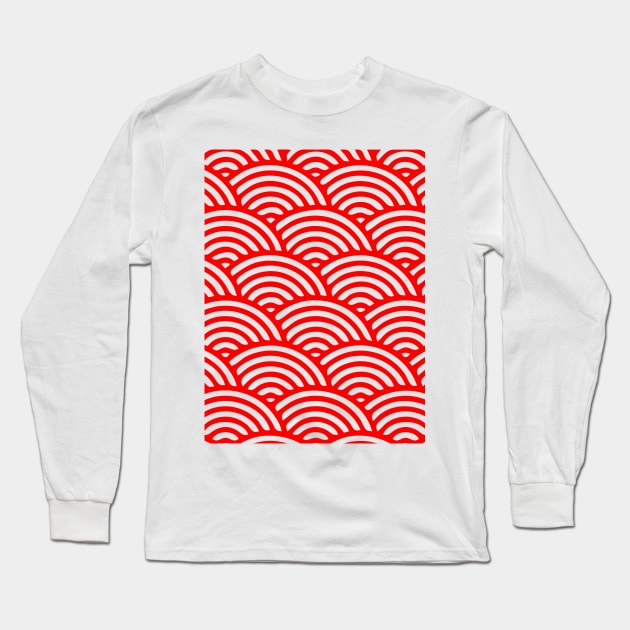 Japanese Wave Seamless Pattern, Red And White Long Sleeve T-Shirt by hichamArt